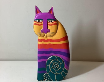 Vintage 90's Laurel Burch Rainbow Large 15" Wood Handpainted Cat Sculpture