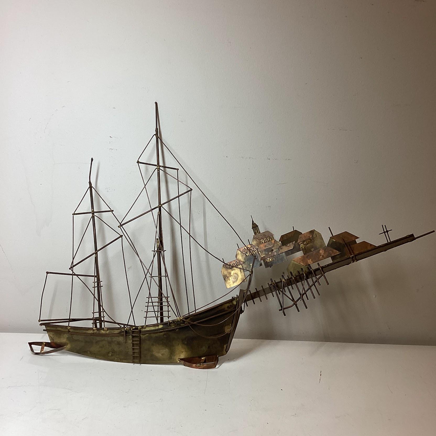カーティスジェレ1987サイン入り彫刻c.jere ウォールスカルプチャーヨット Mixed Metal Wall Sculpture, Sailboats, Signed C Jere '69 - EPOCH