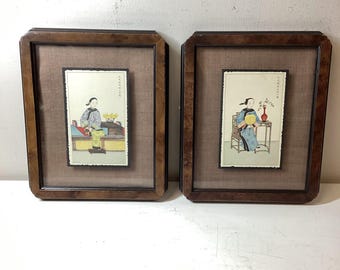 Vintage Zhou Peichun Chinese Courtesan D.A Inc Print Pair Framed Art