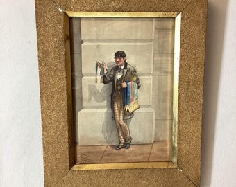 Antique 1887 Guy Thomas Watercolor Street Seller Framed Art