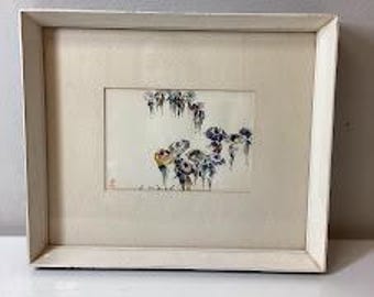 Vintage Atsushi Kikuchi Original Umbrella Watercolor Framed Art