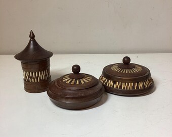 Vintage Olive Wood Porcupine Quill Container Set of 3
