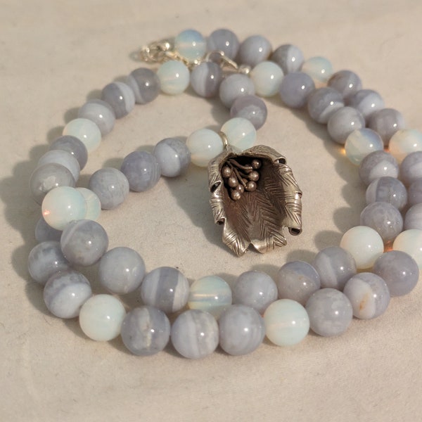 Fine Silver, Blue Agate, and Sea Glass Necklace, Easter