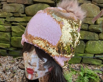 Flip Sequin PomPom Hat in Gold/Baby Pink-Polar Fleece Lining-Reversible Sequins-Mermaid Fabric-Fake Fur-Pom Pom-Sequins-Faux Fur