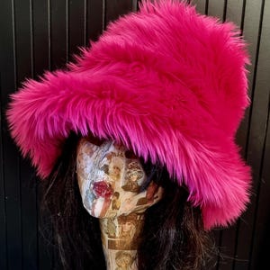 Shaggy Shocking Pink Bucket Hat-Festival Hat-Floppy Hat-Fur Hat-Fake Fur Hat-Rave Hat-Pink Bucket Hat-Hot Pink Fur Hat-vegan friendly hat