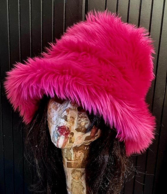 Shaggy Shocking Pink Bucket Hat-festival Hat-floppy Hat-fur Hat