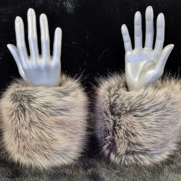 A Pair of Beautiful Fluffy Brown and Grey Faux Fur Cuffs -Lined and Elasticated at One End-Fluffy Cuffs-Grey Cuffs-Cruelty Free-Brown Fur