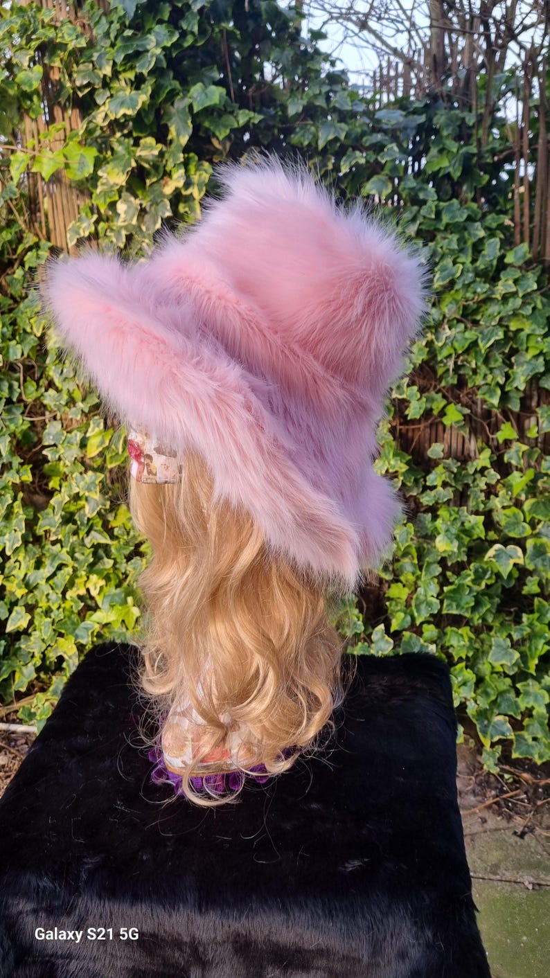 Extra Wide- Wire Brim Pale Pink Fuzzy Bucket Hat-pink Fur Hat-fake Fur ...