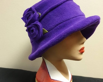 Fleece Lined Purple Fleece Hat- Pleated Top-Downton Abbey Hat-Womens Fleece Hat-Womens Fleece Winter Hat-1930-Ladies Winter Hat-Cloche Hat