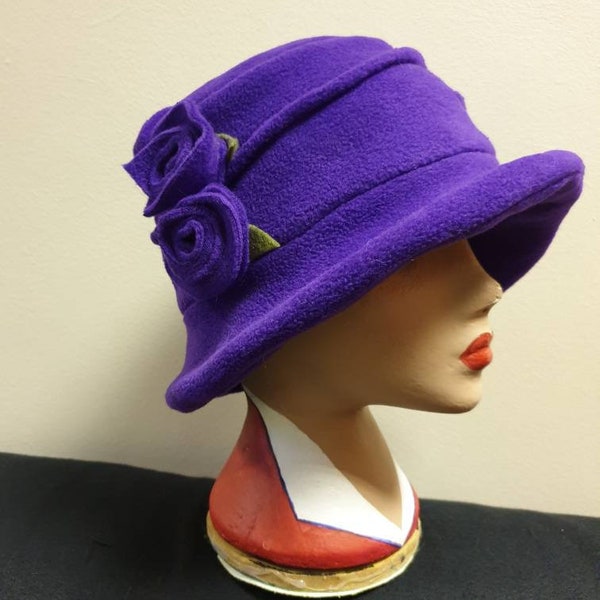 Fleece Lined Purple Fleece Hat- Pleated Top-Downton Abbey Hat-Womens Fleece Hat-Womens Fleece Winter Hat-1930-Ladies Winter Hat-Cloche Hat