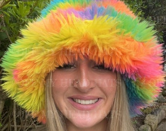 Rainbow Fuzzy Fur Bucket Hat-Festival Hat-Y2K Hat-Pride Hat-Rave Hat-Rainbow Bucket Hat-Rainbow Fur Bucket Hat-Vegan Friendly Hat-LGBTQ+