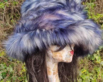 Navy,Grey and Blue Bucket Hat-Festival Hat-Y2K Hat-Fur Hat-Fake Fur Hat-Rave Hat-Navy Bucket Hat-Grey Fur Bucket Hat-Vegan Friendly Hat