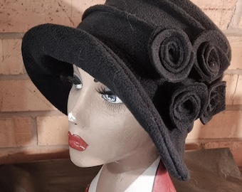 Black Fleece Hat with Flower Detail-Polar Fleece Lining-Downton Abbey Hat-Womens Fleece Winter Hat-1930's-Ladies Winter Hat- Made in England