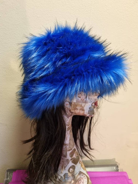 Stunning Super Luxury Faux Fur Bucket Hat-deep Blue-fuzzy 