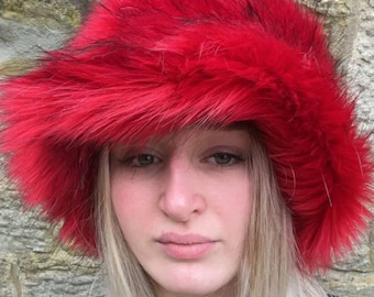 Red with Black Tips Bucket Hat-Festival Hat-Y2K Hat-Fur Hat-Fake Fur Hat-Rave Hat-Red Bucket Hat-Red Fur Bucket Hat-Vegan Friendly Hat