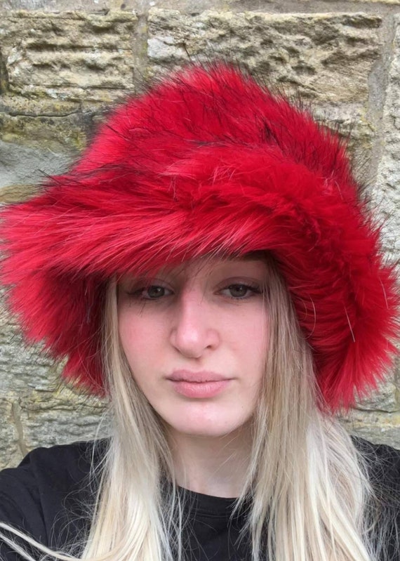 Y2K Faux Fur Two-Tone Funk Hat Red Fuzzy Holiday Red With Black Tips Bucket Hat-festival Hat-y2k Hat-fur Hat  main image 4