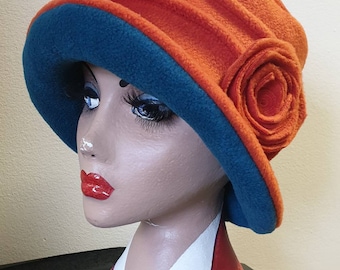Burnt Orange/Teal Fleece Hat- Lined with Polar Fleece-Downton Abbey Hat-Womens Fleece Hat-Rust Fleece-Burnt Orange Fleece Hat-Orange Hat