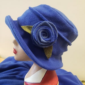 Royal Blue Fleece Hat-Polar Fleece Lining-Downton Abbey Hat-Womens Fleece Hat-Womens Fleece Winter Hat-1930&#39;s-Ladies Winter Hat-Blue Fleece
