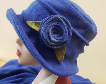 Royal Blue Fleece Hat-Polar Fleece Lining-Downton Abbey Hat-Womens Fleece Hat-Womens Fleece Winter Hat-1930's-Ladies Winter Hat-Blue Fleece
