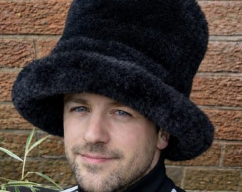 6 inch Tall Black Faux Fur Hat | JK Style Hat | Space Cowboy Style Hat | Oversized Bucket Hat | Festival Hat | Handmade Statement Hat UK