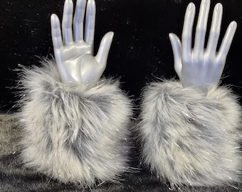A Pair of Beautiful Fluffy Silver Grey Faux Fur Cuffs -Lined and Elasticated at One End-Faux Fur Cuffs-Fluffy Cuffs-Grey Cuffs-Cruelty Free