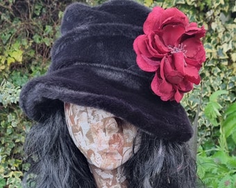 Black Faux Fur Hat-Peony Brooch Trim-Downton Abbey Hat-Womens Fleece Hat-Womens Fleece Winter Hat-1930's-Vintage Hat-Ladies Winter Hat