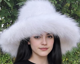 Extra Wide-Oversized Wire Brim White Fuzzy Bucket Hat-White Fur Hat-Wedding Hat-Bucket Hat-Vegan fur hat-Oversized Hat-Cruelty Free-White