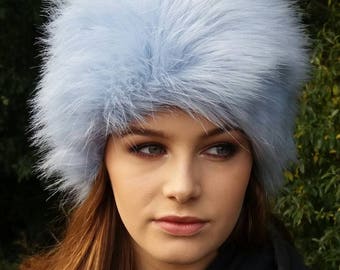 Ice Blue Faux Fur Hat with Cosy Polar Fleece Lining-Blue Fur Hat-Blue Fur- Blue Winter Hat-Baby Blue Fur