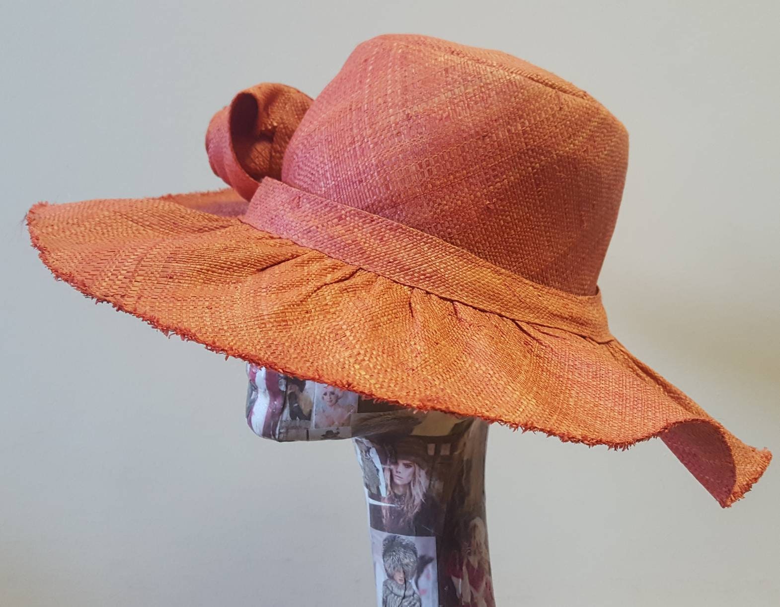Lovely Wide Brimmed Raffia Hat in Salmon Pink with Flower Detail
