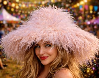 Festival Fluffy Pink Hat, Wide Brim Faux Fur Hat, Oversized Bucket Hat, Cruelty Free