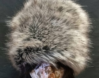 Grey and Brown Luxury Faux Fur Hat with Polar Fleece Lining- Fur Hat-Fake Fur Hat-Winter Hat- Grey Fur Hat- Vegan Fur Hat- Grey Fur- Brown