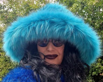 Turquoise Blue Black Tips Faux Fur Bucket Hat – Extra Wide Brim, Handmade in England
