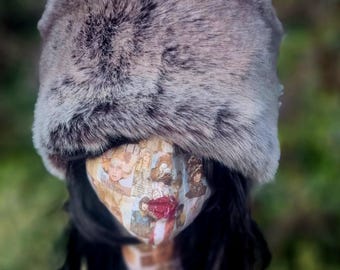 Faux Chinchilla- Winter Faux Fur Hat-Brown-Grey Fur Hat-Brown Fake Fur-Fur Pill Box Hat-Winter Fake Fur Hat Silver Grey- Vegan Fabric