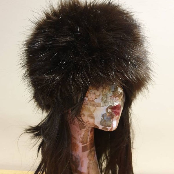 Rich Chocolate Brown/Black Luxury Faux Fur Hat with Polar Fleece Lining-Fur Hat-Fake Fur Hat-Winter Hat-Long Fur Hat-Brown Fur Hat