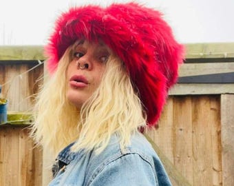 Red with Black Tips Bucket Hat-Festival Hat-Y2K Hat-Fur Hat-Fake Fur Hat-Rave Hat-Red Bucket Hat-Red Fur Bucket Hat-Vegan Friendly Hat