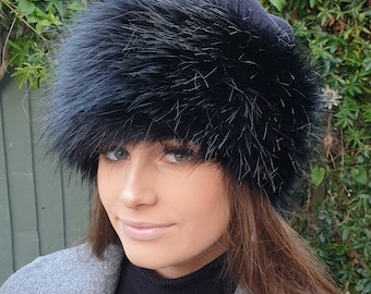 Fleece Top Faux Fur Hat in Long Black with Full Polar Fleece Lining