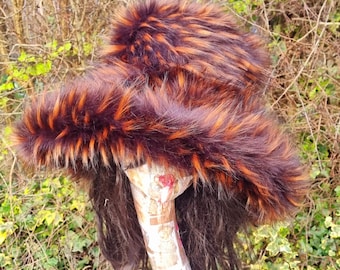 Brown/Bronze Orange Tips Extra Wide Wire Brim Fuzzy Bucket Hat-Floppy Hat- Fur Hat-Fake Fur Hat-Brown Bucket Hat-Vegan friendly hat