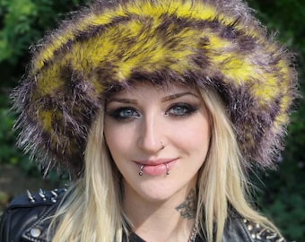 5 inch Tall Yellow-Black Fluffy Hat-JK Style Hat-Space Cowboy Style Hat-Fake Fur Black Hat- Stovepipe Hat- Black Top Hat-Yellow-Cruelty Free