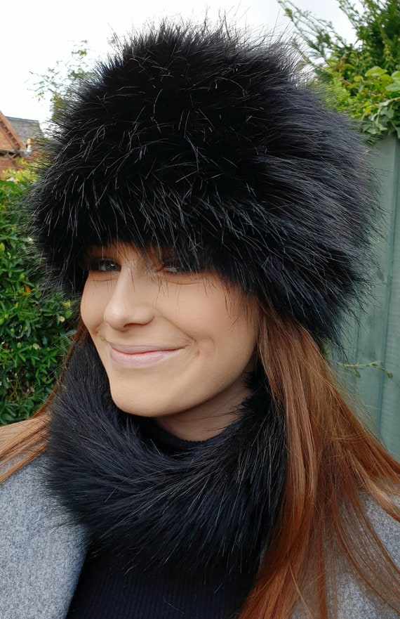 Lovely Long Black Luxury Faux Fur Hat With Polar Fleece 