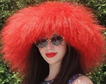 Wispy Red Faux Fur Hat-Lightweight Statement Festival Hat,Floaty Long Hair Fur, Handmade In England