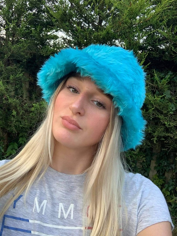 Turquoise Blue Faux Fur Bucket Hat 
