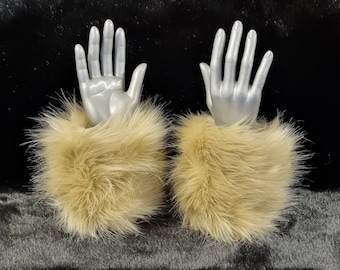 A Pair of Beautiful Luxury Faux Fur Cuffs in Caramel- Faux Suede Lining and Elasticated at One End-Faux Fur Cuffs-Fluffy Cuffs-Beige Fur