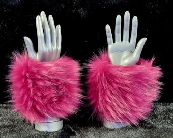 Fluffy Magenta Pink Faux Fur Cuffs- Faux Suede Lining and Elasticated at One End-Faux Fur Cuffs-Fluffy Cuffs-Pink Fur- Cruelty Free