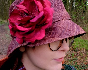 Chestnut Raffia Cloche 20's Style Sun Hat with Raspberry Velvet and Silk Peony