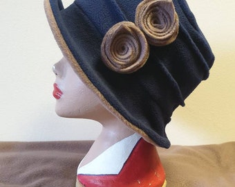 Stylish 20's Style Navy and Camel Cloche Fully Fleece Lined-Downton Abbey Hat-Womens Fleece Hat-Womens Fleece Winter Hat-Ladies Winter Hat
