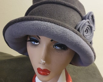 Dark/Light Grey Hat Lined with Polar Fleece-Downton Abbey Hat-Womens Fleece-Womens Fleece Winter Hat-1930's-Vintage Hat-Ladies Winter Hat