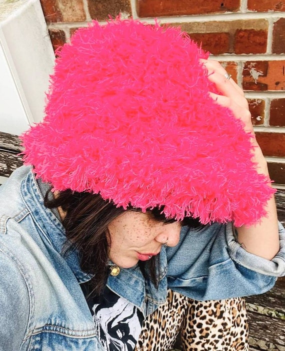 Hot Pink Fuzzy Bucket Hat-Festival Hat-Floppy Hat-Fur Hat-Fake Fur