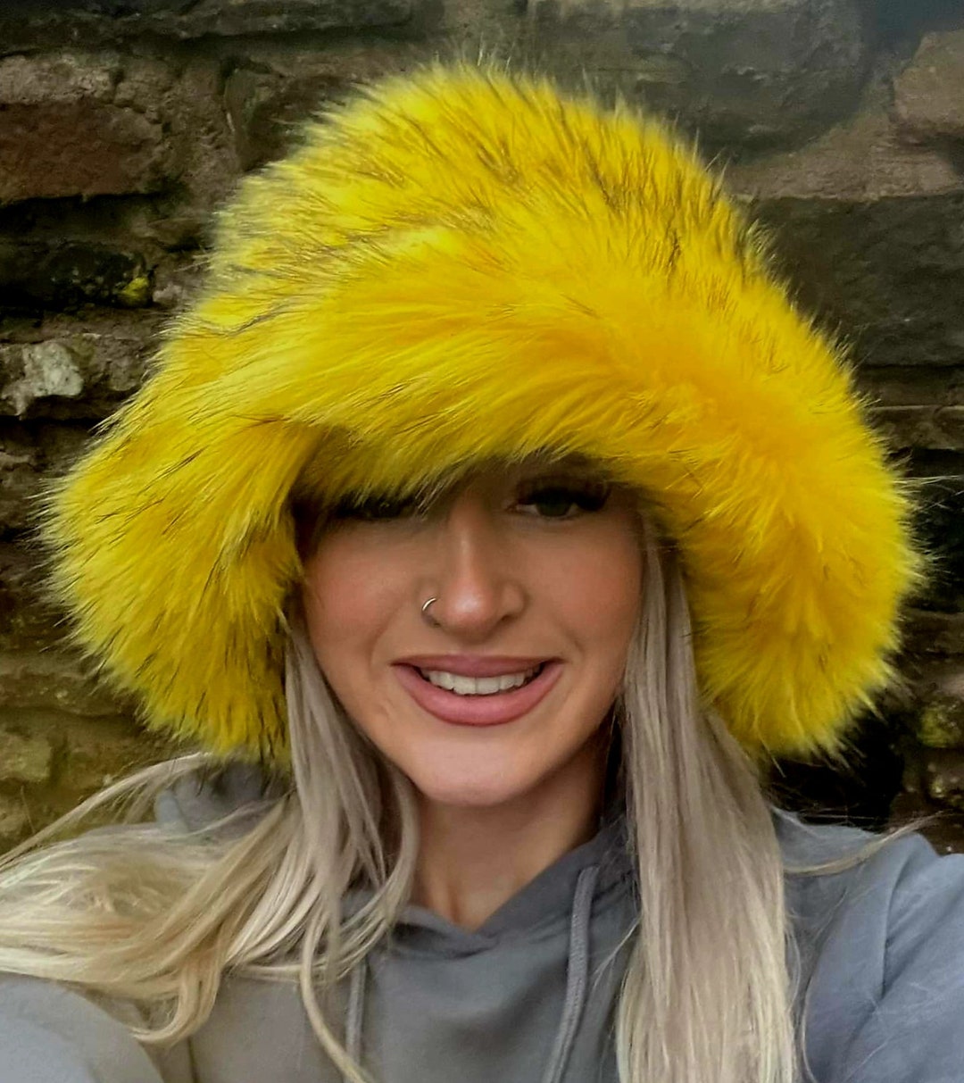 Bright Yellowsuper Fluffy Luxury Faux Fur Bucket Hatgold Furfuzzy