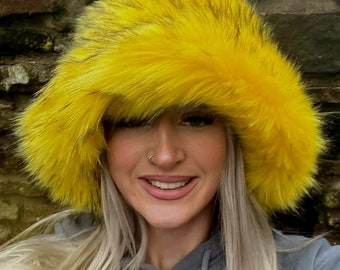 Bright Yellow-Super Fluffy Luxury Faux Fur Bucket Hat-Gold Fur-Fuzzy Bucket Hat-Festival Hat-Fur Hat-Fake Fur Hat-Rave Hat-Yellow Bucket Hat