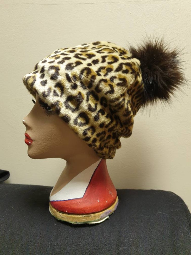 Leopard Print Faux Fur Pom Pom Hat-Fully Lined with Polar Fleece-Pom Pom-Fake Fur Hat-Cream Hat-Ladies Winter Hat-Fleece Hat-Animal Print